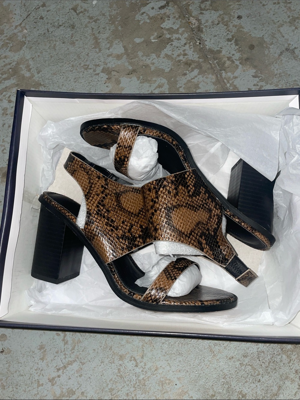French Connection Brown Snake-Print Block Heel Sandals